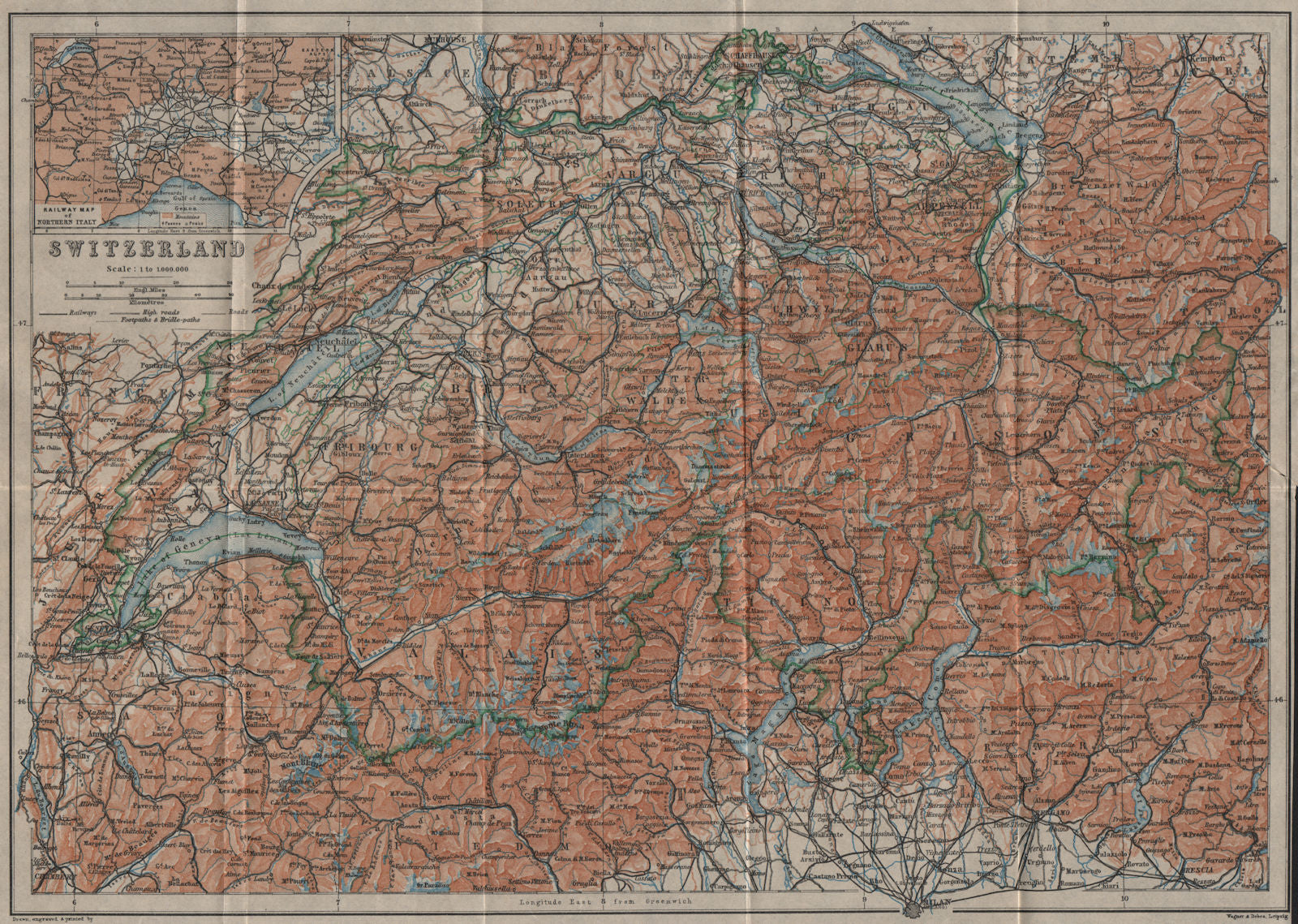Map of Switzerland Suisse Schweiz. Northern Italy railways carte karte 1911